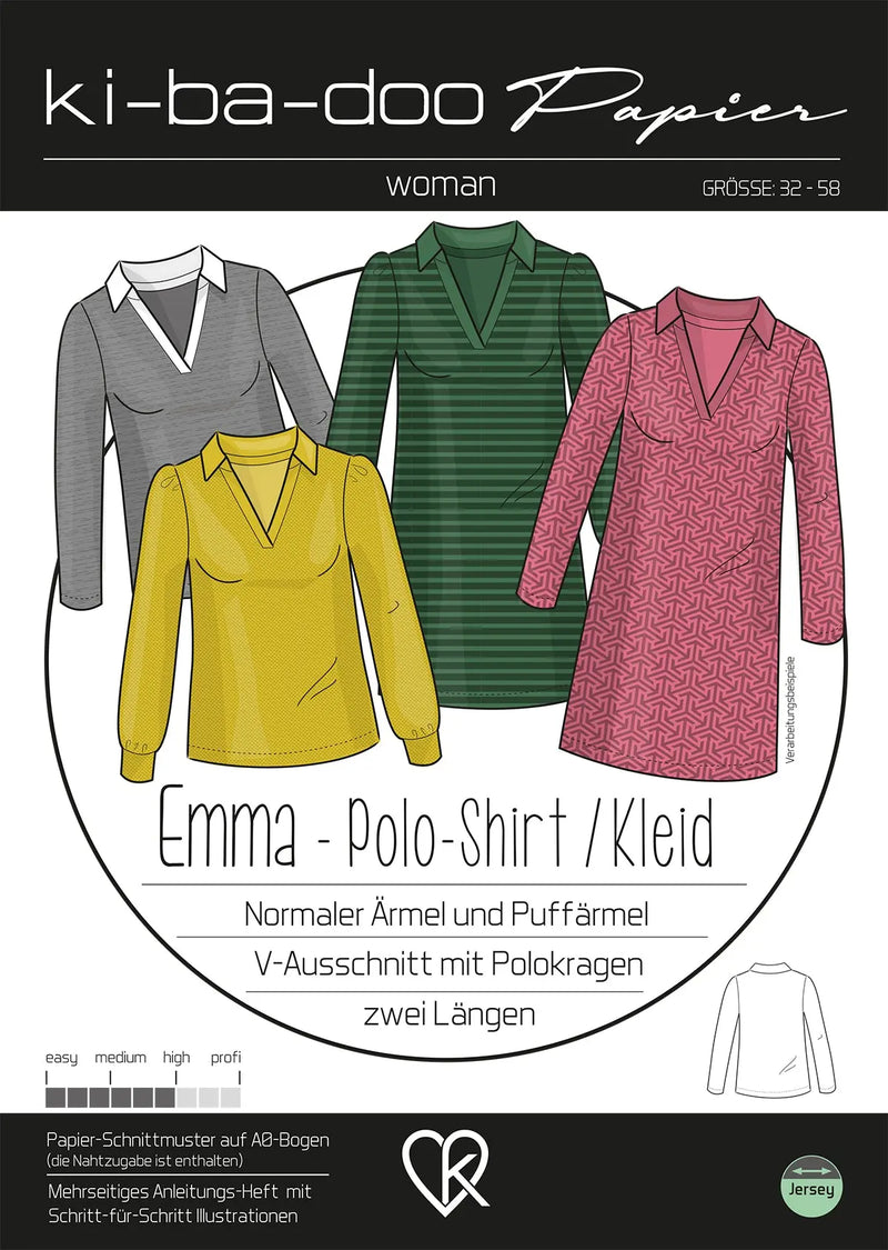 Schnittmuster Papierschnittmuster Emma Polo Shirt und Kleid Damen 32-58 - Ki-ba-doo® Stoff Ambiente